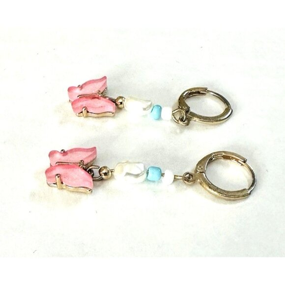 Y2K Lucite Pink Butterfly Earrings Beaded Teal Pearly Drop Dangle Huggie Hoop - Picture 4 of 4